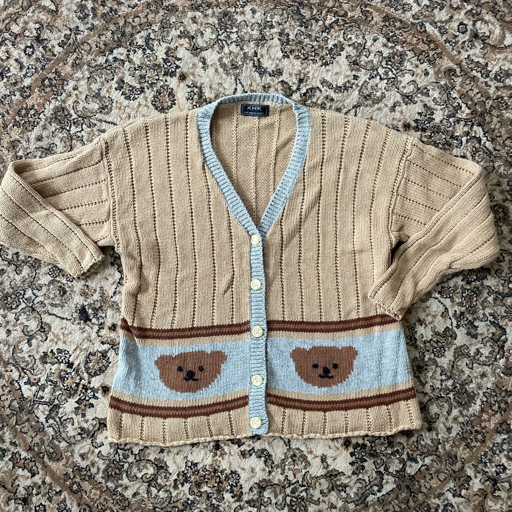 Teddy Bear Knit Cardigan Buttons Size Large Brown Tan Grannycore Cotton Ramie
